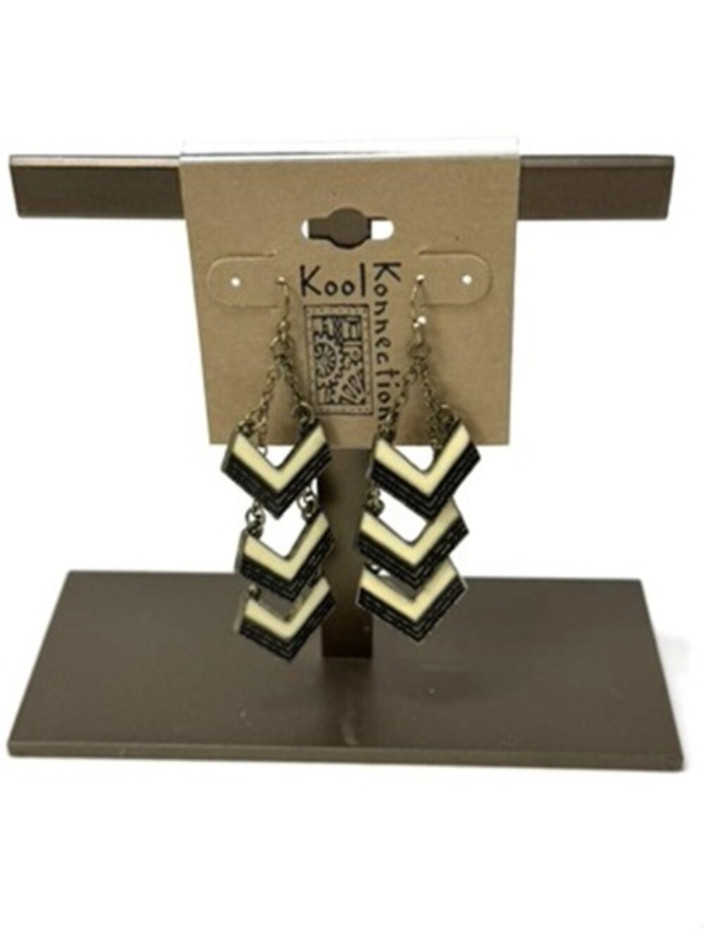 Kool Konnection Woman’s Dangle Earrings 2" Chevron Beige Enamel Bronze Tone